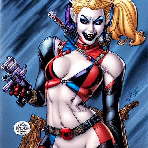 Image similar to Harley Quinn, comic portrait by J Scott Campbell, intricate details