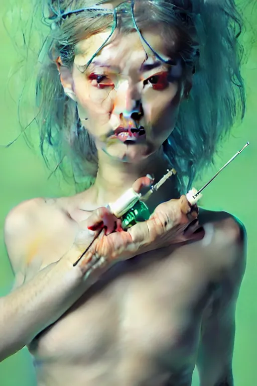 Image similar to hyperrealistic photography of a gorgeous female doctor holding a syringe containing green liquid in the style of jin kagetsu, james jean, chris cunninham, hans bellmer and wlop, highly detailed, face symmetry, masterpiece, award - winning, sharp focus, intricate concept art, ambient lighting, 8 k, artstation