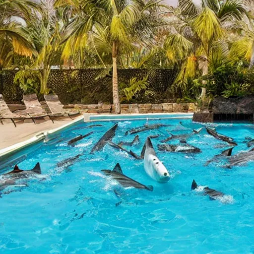 Prompt: swimming pool with great white sharks