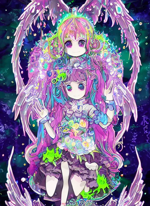 Prompt: gothic lolita cute angelic archangel, religious art watercolor slimy slime drenched skinny divine holy skellington being of glitter glue, pastel cute slime, 3 d polygon ui of neon ornamental rococo frames, maximalist decora gyaru sanrio murakami pixar concept art