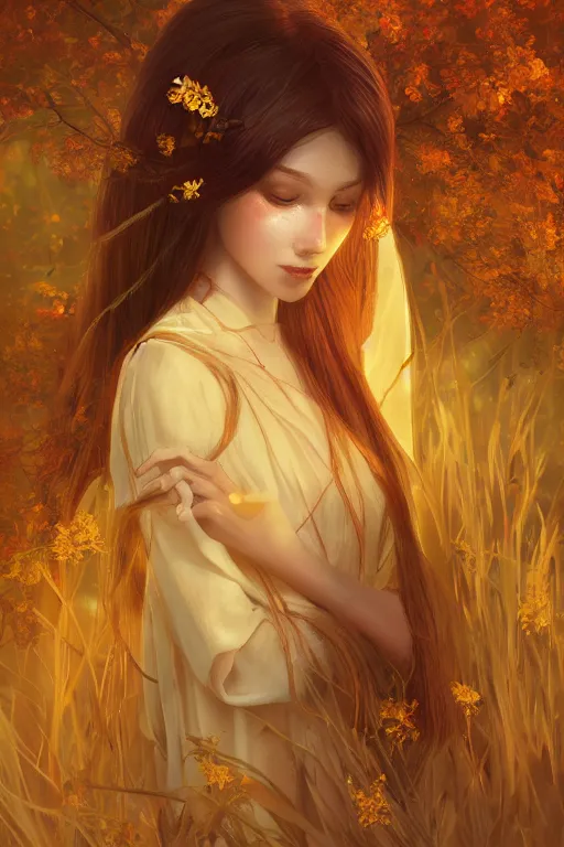 Prompt: The goddess of autumn harvest, tranquility, beautiful face, long hair, wearing wheat yellow gauze, comic style, virtual engine, 3D, sense of atmosphere, goddess, by wlop