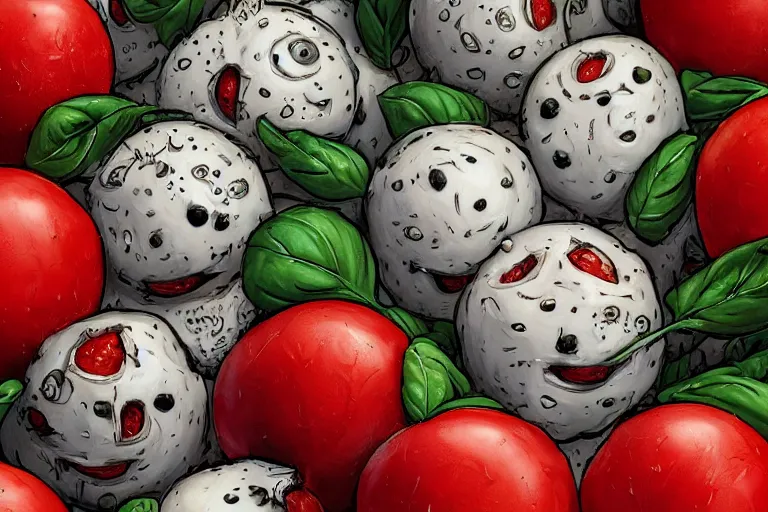 Image similar to a highly detailed cartoon of tomatoes playing with mozzarella balls, some sliced in half, basil leaves flying all over, playful vibe, full body, wide angle, an ultrafine detailed painting by joe fenton, trending on deviantart, pop surrealism, whimsical, lowbrow, perfect symmetrical face, sharp focus, octane, masterpiece