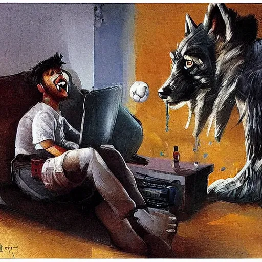 Image similar to a humanoid german shepherd beast - man, sitting and watching a soccer match in his house on television, he has hurt his knee and is a dad, by erin hanson, alexi zaitsev, karl spitzweg, award winning, tv set