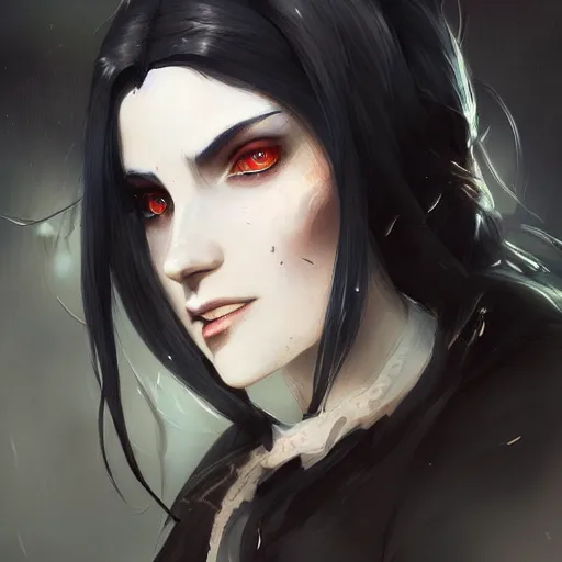 Image similar to female human vampire witch in the style of greg rutkowski, makoto shinkai, trending on artstation, character design, concept art, pretty face, highly detailed, long black hair, portrait, digital art