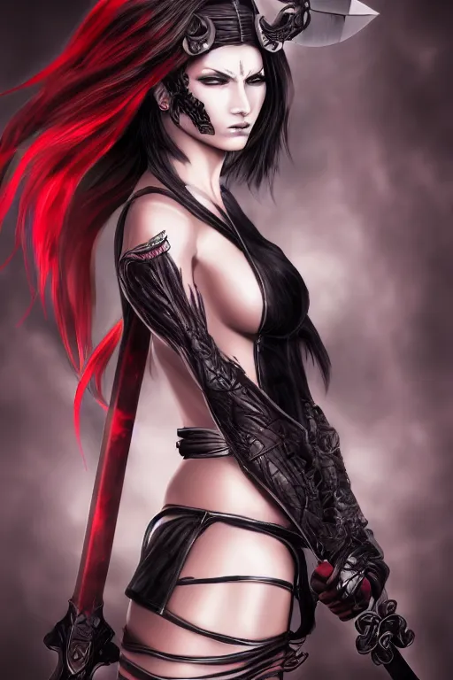 Image similar to demon girl warrior with swords, goth ninja, pretty face, ultra detailed, digital art, 8k ,character ,realistic, portrait, hyperrealistic