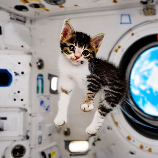 Prompt: a cute kitten floating inside the international space station, realistic, professional photography, 4 k, sharp lens, focus, depth of field