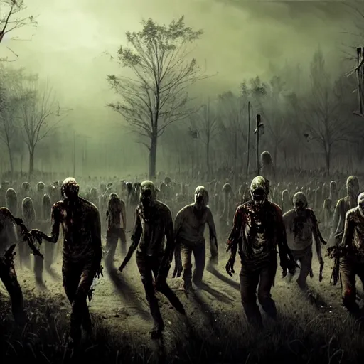 Image similar to a highly detailed scene of a zombie army, like walking dead, like night of the living dead, in the style of greg rutkowski, digital photography, photorealistic, realistic, extreme detail