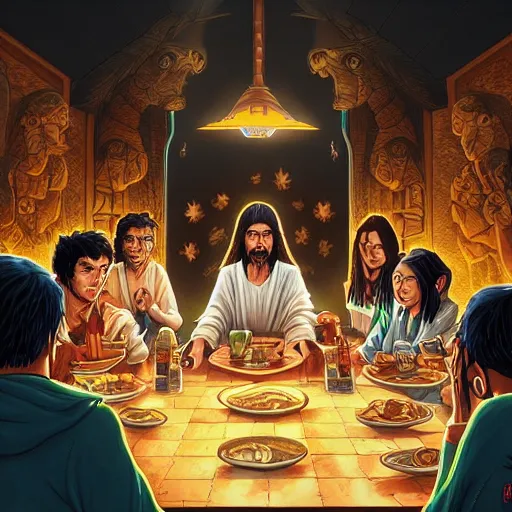 Image similar to the last supper in a mexican restaurant, by dan mumford, yusuke murata, makoto shinkai, ross tran, cosmic, heavenly, god rays, intricate detail, cinematic, 8 k, cel shaded, unreal engine, featured on artstation, pixiv