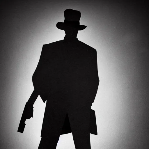 Image similar to comic book character of a man in black suit and black hat, he has a pistol, dark noir style, 4 k, highly detailed, digital art, strong shadows, high contrast, epic scene, atmospheric, cold colours