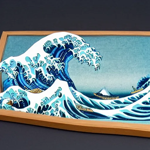 Prompt: a diorama of a wave on a table in the style of The Great Wave off Kanagawa