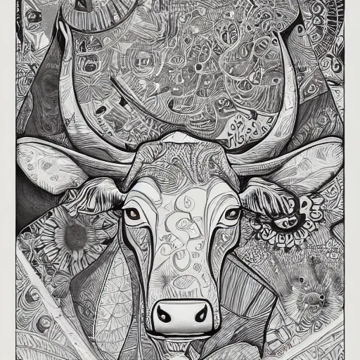 Image similar to a cow made up of milk, an ultrafine detailed illustration by james jean, intricate linework, bright colors, final fantasy, behance contest winner, vanitas, angular, altermodern, unreal engine 5 highly rendered, global illumination, radiant light, detailed and intricate environment