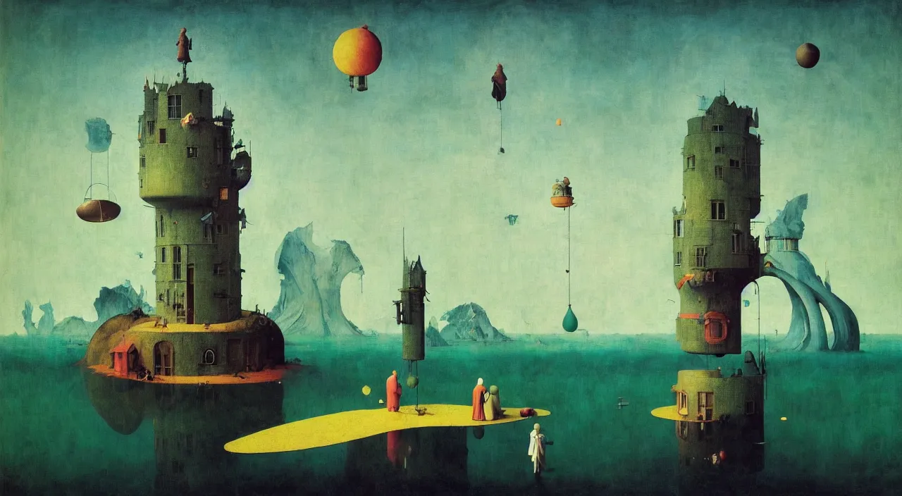 Image similar to single flooded simple!! bubble tower, very coherent and colorful high contrast masterpiece by norman rockwell franz sedlacek hieronymus bosch dean ellis simon stalenhag rene magritte gediminas pranckevicius, dark shadows, sunny day, hard lighting
