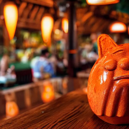 Image similar to a closeup photorealistic photograph of a glossy orange cat garfield style tiki mug sitting at a trader vic's beach bar featuring garfield's face. tiki theme. bright scene. fine detail. this 4 k hd image is trending on artstation, featured on behance, well - rendered, extra crisp, features intricate detail, epic composition and the style of unreal engine.