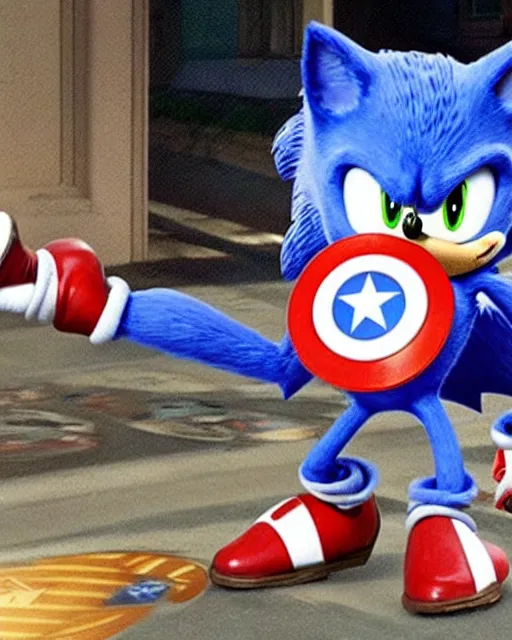 Image similar to sonic the hedgehog with captain america's shield promoting the fight against eggman propaganda poster, american propaganda