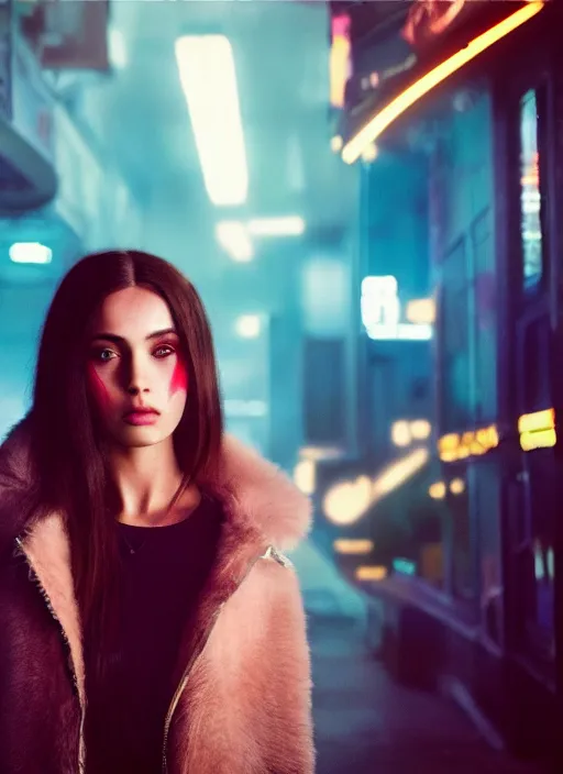 Image similar to A hyper realistic and detailed head portrait photography of young brunette female of Blade Runner 2049 on a futuristic street. by David Dubnitskiy. Neo noir style. Cinematic. neon lights glow in the background. Cinestill 800T film. Lens flare. Helios 44m