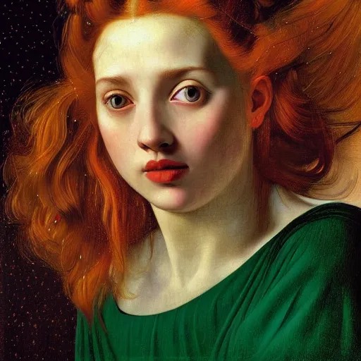 Image similar to portrait of happy a young woman, among the lights of golden fireflies and nature, long loose red hair, intricate details, bright green eyes, freckles on the nose, round gentle face, romantic dress, deep focus, sharp, golden ratio, hyper realistic digital art by artemisia lomi gentileschi and caravaggio