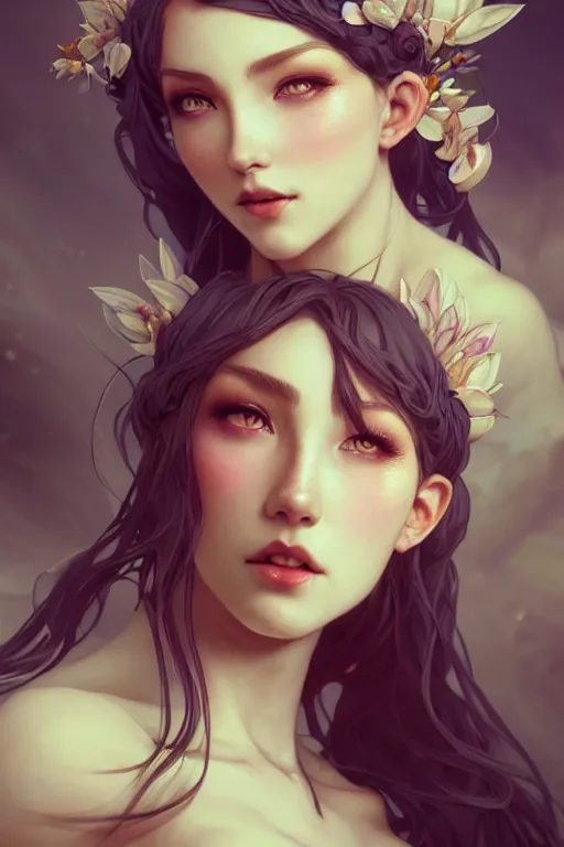 Image similar to character concept art portrait, magnolia mage, a seductive nature goddess in the style of artgerm, wlop, greg rutkowski, alphonse mucha and ayami kojima, realistic details, volumetric lighting, very very very very beautiful symmetrical face, trending on artstation, artstationhd, artstationhq, unreal engine, 4 k, 8 k