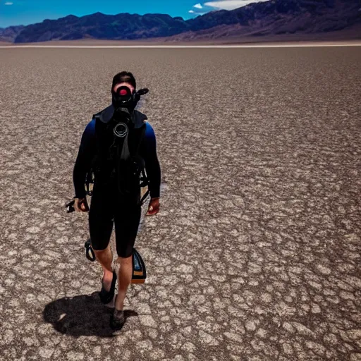 Image similar to a scuba diver with fins on his feet is walking through death valley, bright sunny day, photography, highly detailed, high quality,