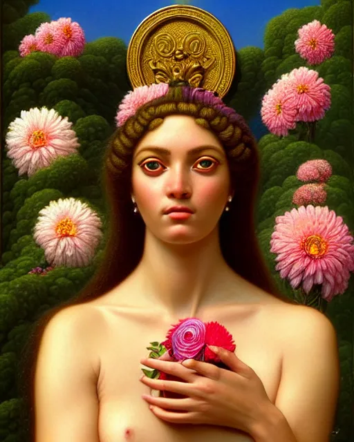 Image similar to portrait of the goddess of tennis, unusual beauty, flowers and plants, emotionally evoking symbolic metaphors, head in focus, fantasy, ornamental, intricate, elegant, sensual, highly detailed digital painting, artstation, concept art, painterly, golden ratio, sharp focus, illustration, art by John William Godward and Boris Vallejo and Zdzisław Beksiński,