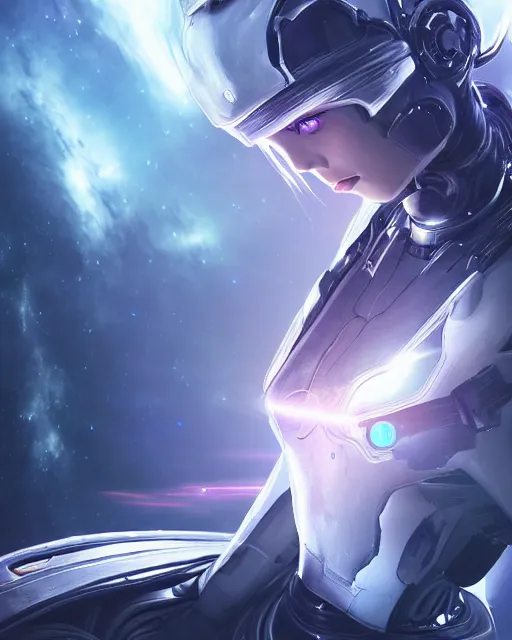 Image similar to photo of a android girl on a mothership, warframe armor, beautiful face, scifi, nebula, futuristic background, galaxy, raytracing, masterpiece, ethereal, beauty, long white hair, blue cyborg eyes, cosmic wind, flow, 8 k high definition, insanely detailed, intricate, innocent, art by akihiko yoshida, antilous chao, woo kim