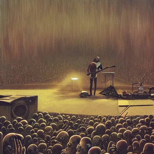 Prompt: concert photograph of death grips, dj ride, death grips, playing a concert in a desolate brutalist wasteland, painted by zdzislaw beksinski