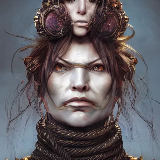 Image similar to portrait of a Shibari rope wrapped face and neck, headshot, insanely nice professional hair style, dramatic hair color, digital painting, of a old 15th century, old cyborg merchant, amber jewels, baroque, ornate clothing, scifi, realistic, hyperdetailed, chiaroscuro, concept art, art by Franz Hals and Jon Foster and Ayami Kojima and Amano and Karol Bak,