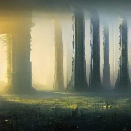 Image similar to a futuristic city scape of vertical organic farms, breeding, growing, cellular structures, epic landscape, endless towering science fiction towers, misty, in the style of john harris