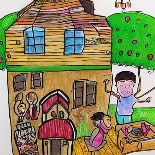 Image similar to drawing of a house with kids made out of food leftovers. Highly detailed. Art by Gordon Ramsey