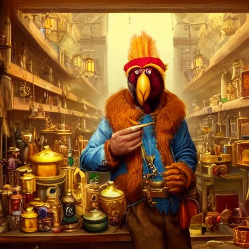 Image similar to A Anthropomorphized parrot trader in his shop, selling his wares, portrait, items, gold, carpet, window, sly expression, cunning expression, presenting wares, holding a gold bag, D&D, fantasy, intricate, cinematic lighting, highly detailed, digital painting, trending on artstation, concept art, smooth, sharp focus, illustration, warm light, cozy warm tint, magic the gathering artwork, volumetric lighting, 8k, art by Akihiko Yoshida, Greg Rutkowski