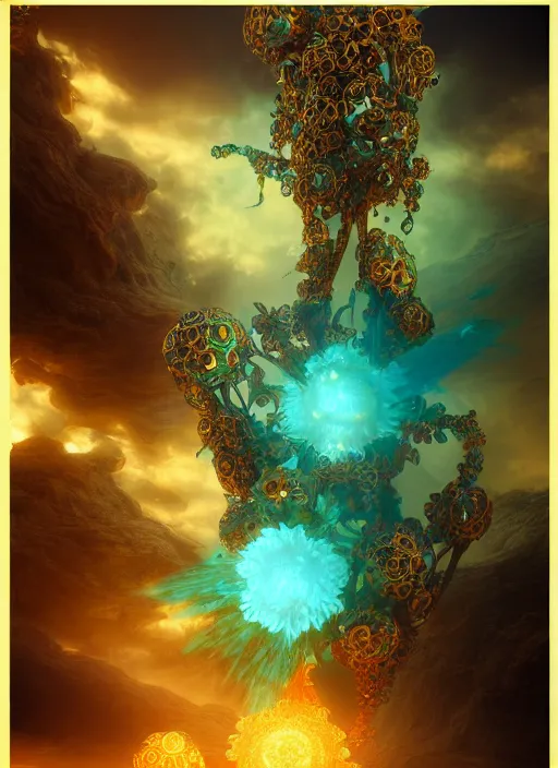 Image similar to flowers within the whole infinite capsule apparent with awe the apparition, an idea seep's into infinity highly detailed in volumetric latent space, golden turquoise steampunk, high contrast cinematic light, mystical shadows, sharp focus, divine realm of gods, octane render, artist by boris vallejo,