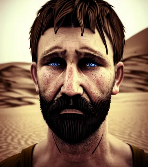 Image similar to portrait of muscular, tired and alcoholic 3 0 - year - old grieving man with short darkblonde hair, serious sad look in his eyes, looking down, dirty beard, blue eyes, crying tears, wearing dirty soldier uniform, on the desert, sad atmosphere, hyper realistic face, character art, art by mark brooks, cryengine, trending on artstation, digital art