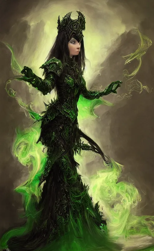 Prompt: Gothic princess in dark and green dragon armor. By Konstantin Razumov, Fractal flame, chiaroscuro, highly detailded