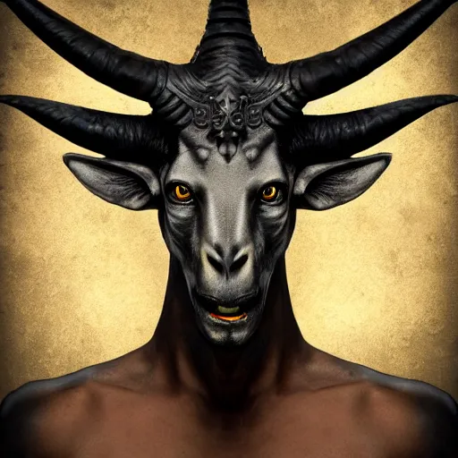 Image similar to a realistic portrait of baphomet, studio photography,