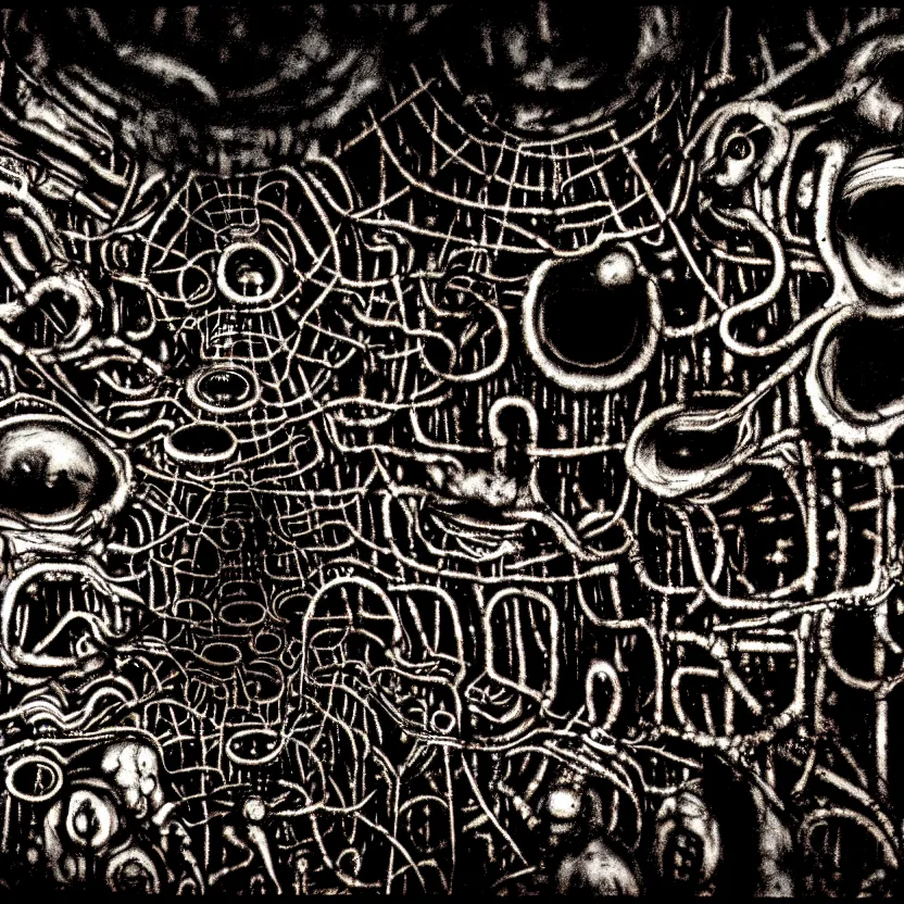 Image similar to a bizarre industrial nightmare full of unspeakable creatures, cosmic horror, technology, abstract, surreal, hell, horror, dark, intricate textures, 3 5 mm, film shot