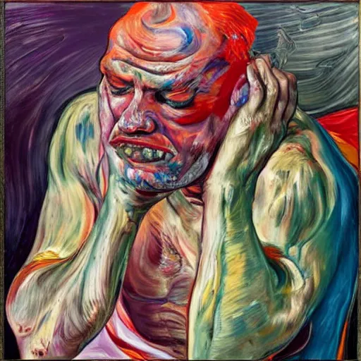 Image similar to high quality high detail expressionist painting of a man in agony by lucian freud and jenny saville and francis bacon and francisco goya and edvard munch, hd, anxiety, seated at table crying and screaming, turquoise and purple and orange and pink