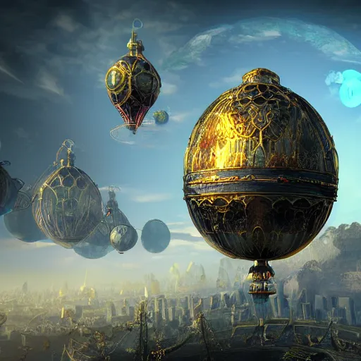 Image similar to enormous flying city in a faberge egg, sky, steampunk, fantasy art, masterpiece, unreal engine