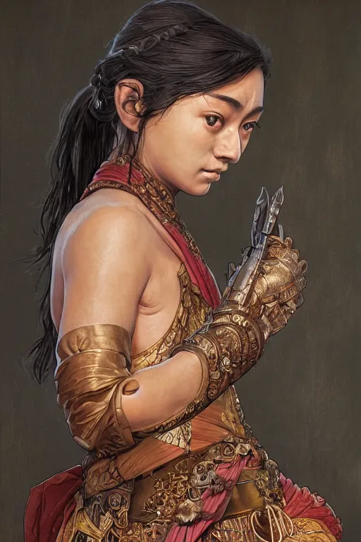 Image similar to ancient javanese arya stark, highly detailed, digital painting, artstation, concept art, smooth, sharp focus, illustration, ArtStation, art by artgerm and greg rutkowski and alphonse mucha and J. C. Leyendecker and Edmund Blair Leighton and Katsuhiro Otomo and Geof Darrow and Phil hale and Ashley wood and Ilya repin and Charlie Bowater