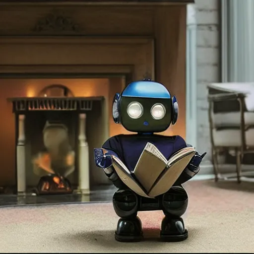 Image similar to “a lonely robot reads a book near a fireplace in a Victorian home., IMAX 70mm footage”