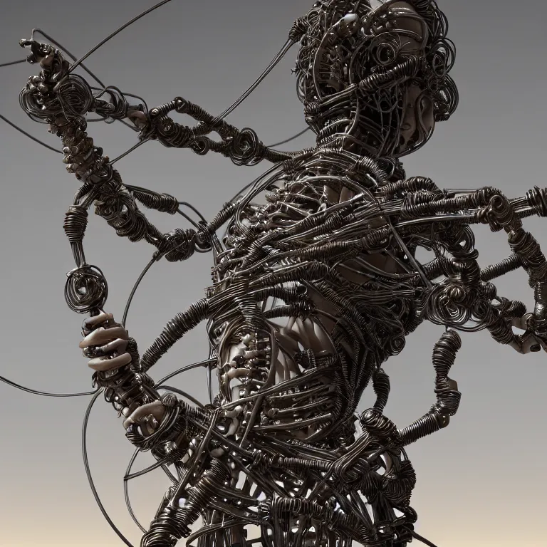 Image similar to biomechanical religious sculpture statue of jesus on cross made of wires cables tubes, cyberpunk, baroque painting, beautiful detailed intricate insanely detailed octane render, 8K artistic photography, photorealistic, chiaroscuro, Raphael, Caravaggio, Giger, Beksinski