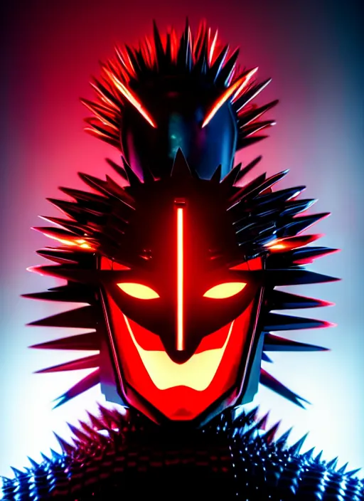 Image similar to a striking cinematic full body manga portrait of a long black haired masked male teenager wearing imposing red jagged spiked plate armour and glowing with raging powerful red energy by hirohiko araki and beeple, fine details, digital art, character concept art, volumetric lighting, cinematic light, photorealistic