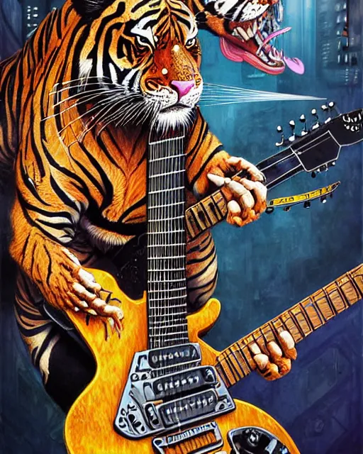 Image similar to a portrait of an anthropomorphic cyberpunk roaring tiger shredding an electric guitar as the guitar melts by sandra chevrier, by jon foster, detailed render, tape deck, epic composition, cybernetics, 4 k realistic, cryengine, realistic shaded lighting, sharp focus, masterpiece, by enki bilal