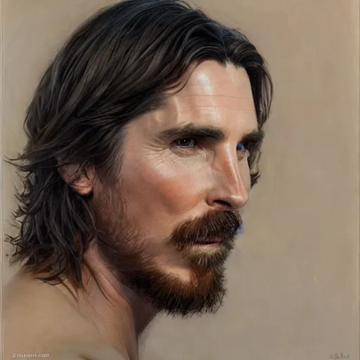 Prompt: full face profile view of Christian Bale by Donato Giancola