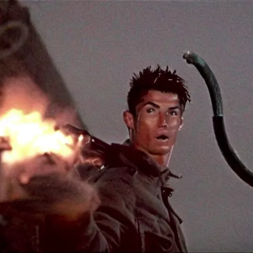 Image similar to movie still of cristiano ronaldo with a flamethrower in the thing (1982), john carpenter, cinematic,