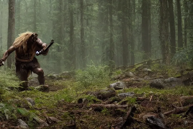 Image similar to vfx movie closeup detailed ancient warrior orc hunting elk in the forest, natural lighting by emmanuel lubezki