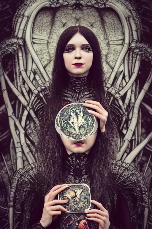 Image similar to Cinestill 50d, 8K, highly detailed, major arcana H.R Giger art nouveau nightmare Agnieszka Lorek tarot star card style 3/4 closeup portrait, eye contact, focus on model, tilt shift background: famous major arcana tarot remake, transformation scene