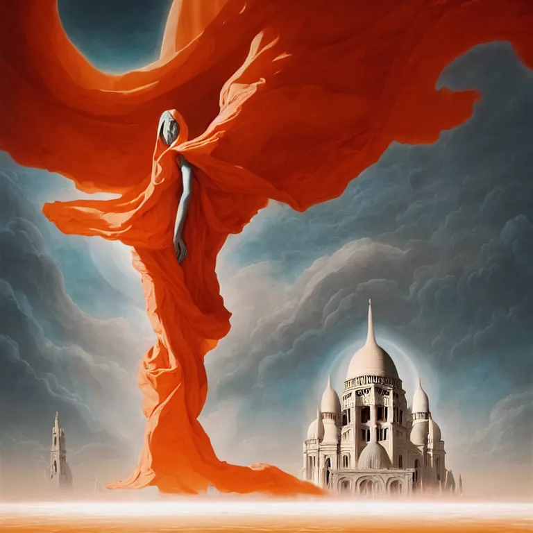 Image similar to one lone singular swirling otherworldly angelic figure shrouded in orange robes emerges from extensive barren white dunescape, gigantic ancient head sculpture, matte painting by peter mohrbacher and filip hodas, background basilica! sacre coeur, godrays, high contrast, highly detailed