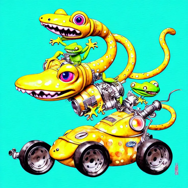 Image similar to cute and funny, gecko wearing a helmet riding in a hot rod with oversized engine, ratfink style by ed roth, centered award winning watercolor pen illustration, isometric illustration by chihiro iwasaki, edited by range murata, tiny details by artgerm and watercolor girl, symmetrically isometrically centered, sharply focused