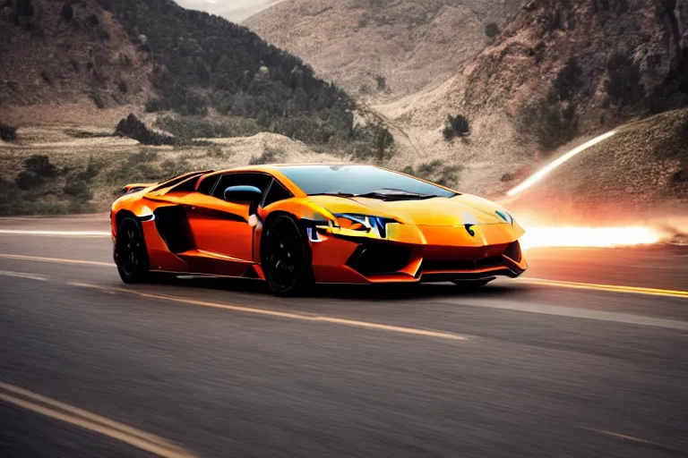 Prompt: a cinematic photograph of a lamborghini aventador driving through a vast mountainous landscape whilst neon lightening strikes on the car, rain falls, ultra realistic, high definition