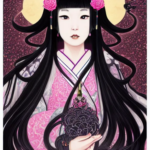 Image similar to portrait of the japanese moon princess kaguya hime with long flowing black hair wearing an ornate pink kimono with intricate floral patterns, touhou character illustration by ross tran, bo chen, toni infante, rebecca oborn, michael whelan, trending on artstation cgsociety hq