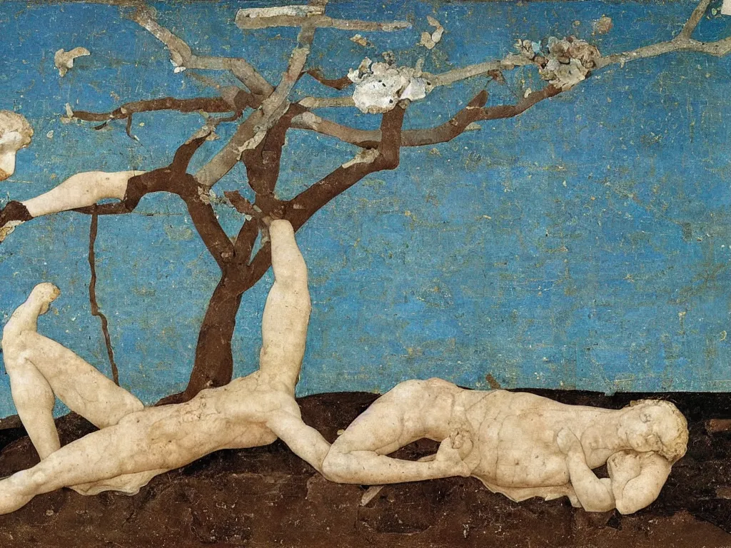 Image similar to broken, ruined marble greek sculpture the head of apollo lying in the sand, tree. lapis - lazuli, turquoise, malachite, cinnabar, earth brown. painting by piero della francesca, balthus, agnes pelton